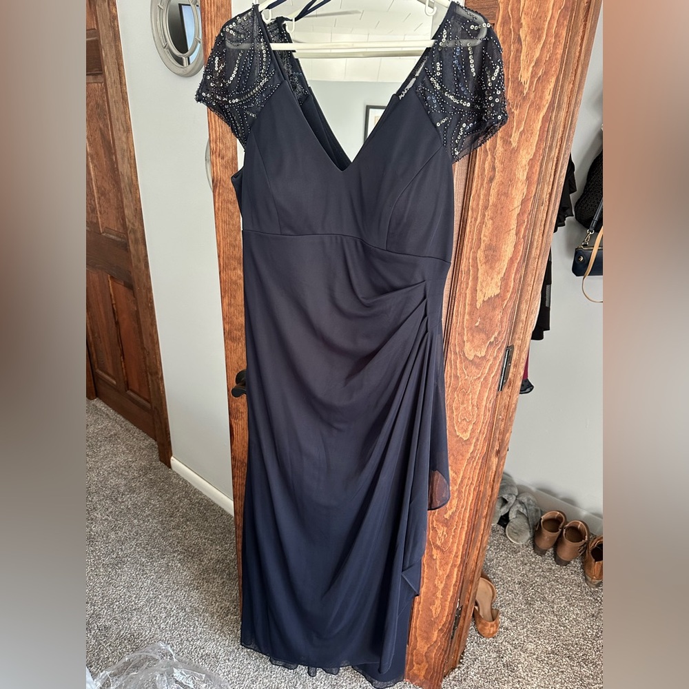 Xscape Navy Maxi Dress with Lace Sleeves